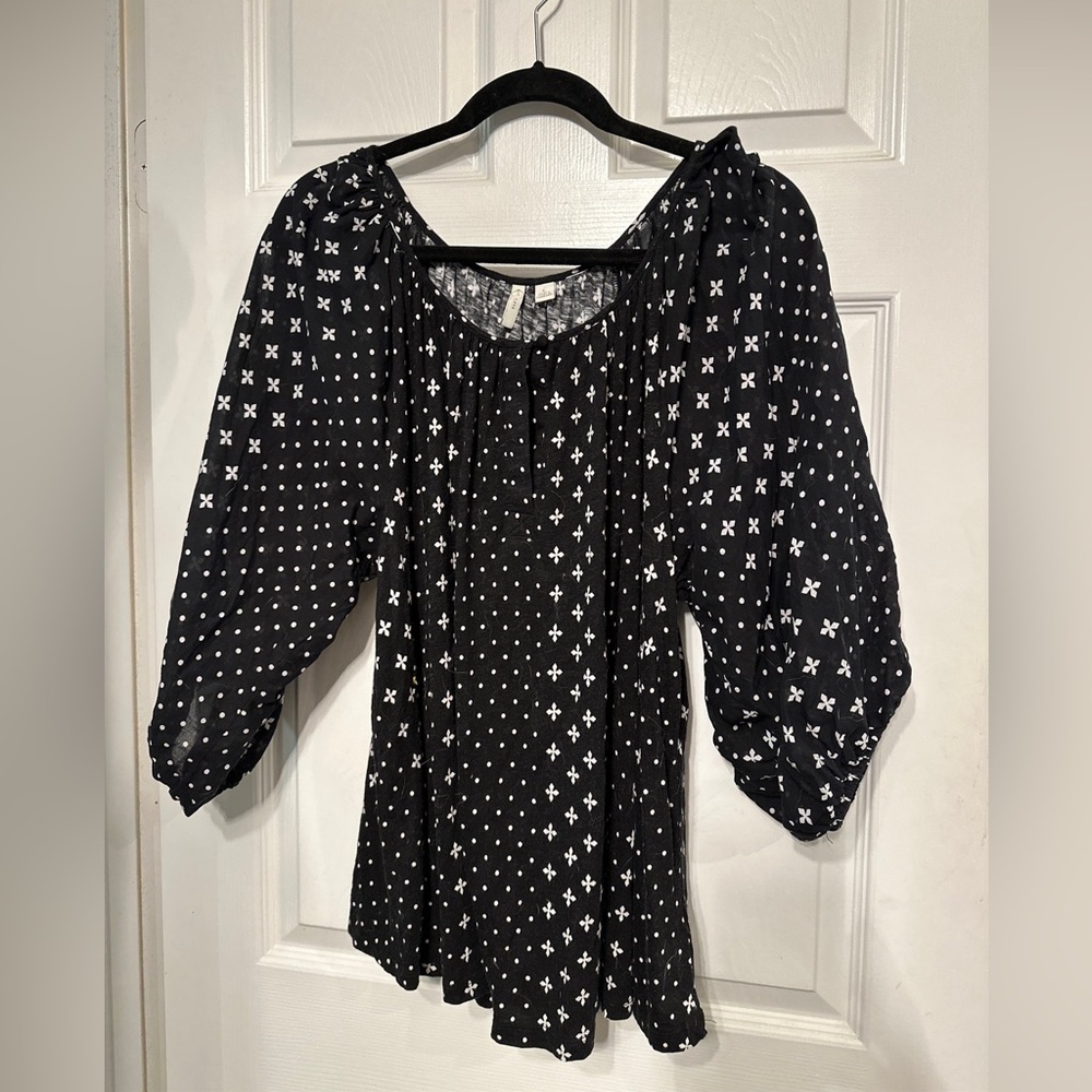 C established 1946 L Women Black White Prints 3/4 Balloon Sleeve Boho Blouse